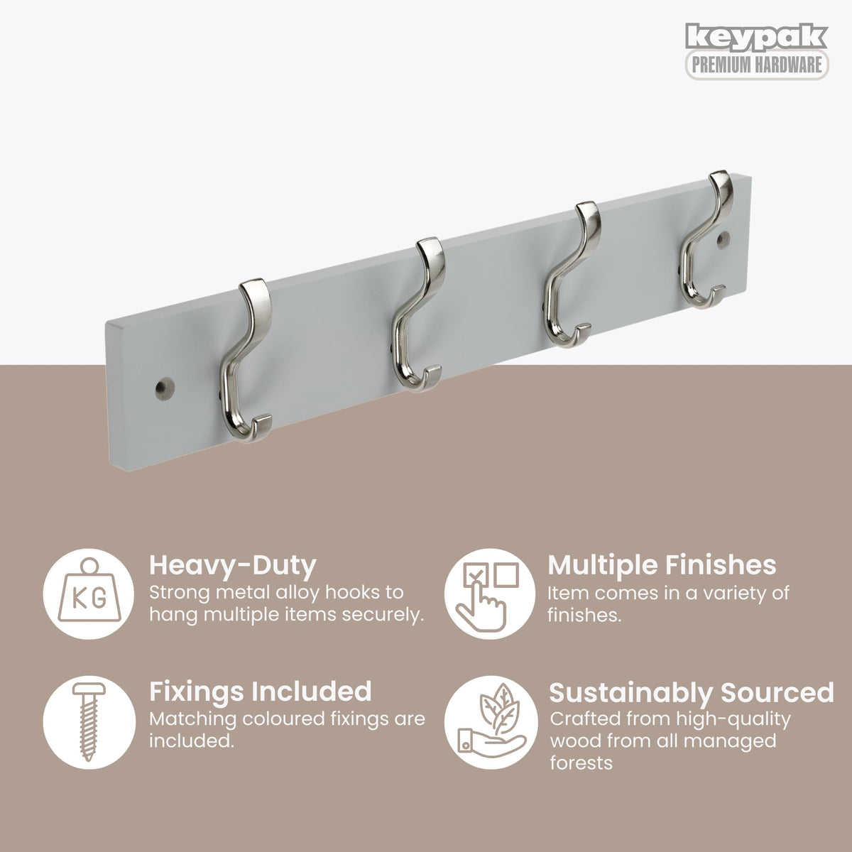 keypak Wall-Mounted Coat Rack – 4 Nickel Hooks on Stylish 38cm Grey Wood - image 2