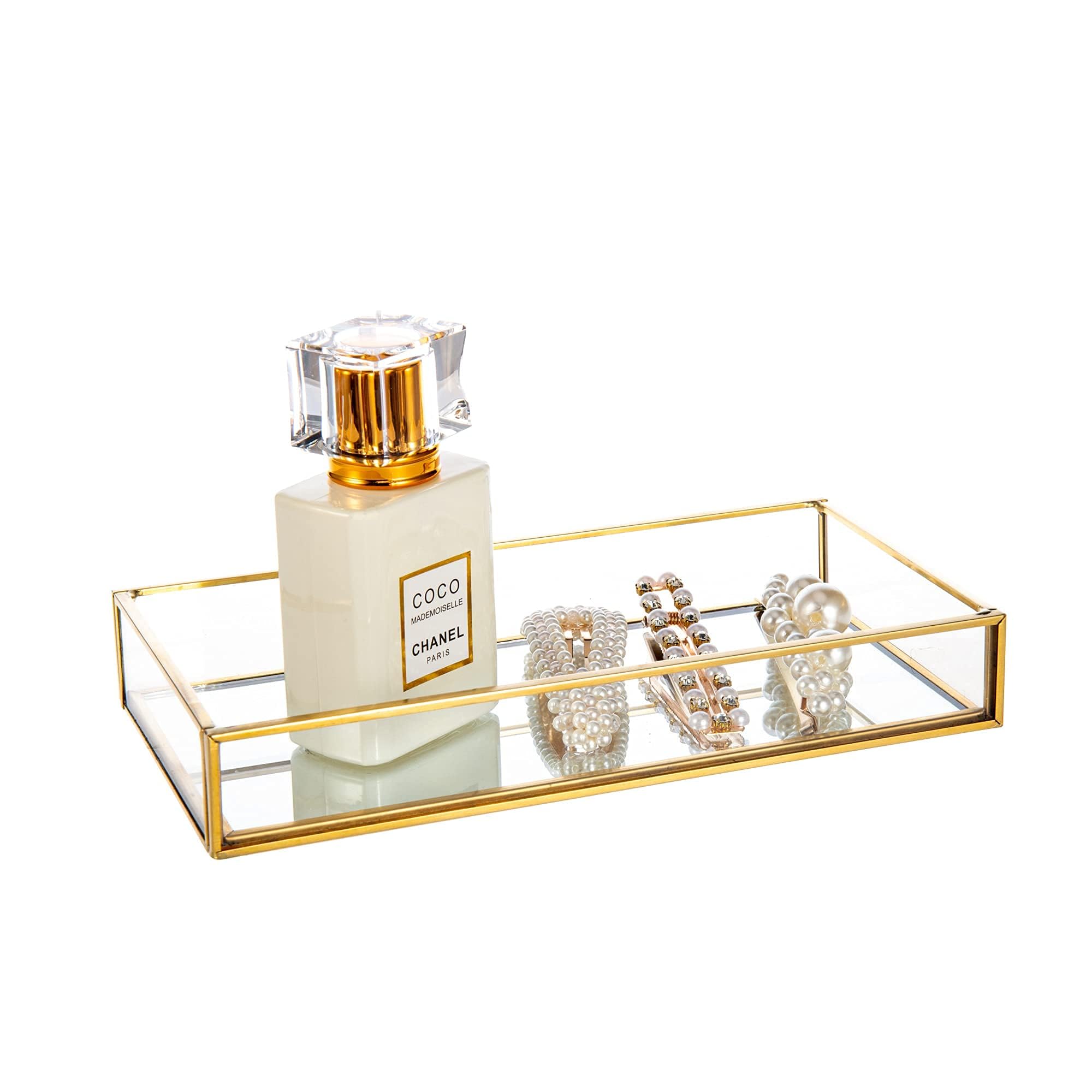 Feyarl Gold Mirrored Glass Vanity Tray | Jewelry and Perfume Organizer