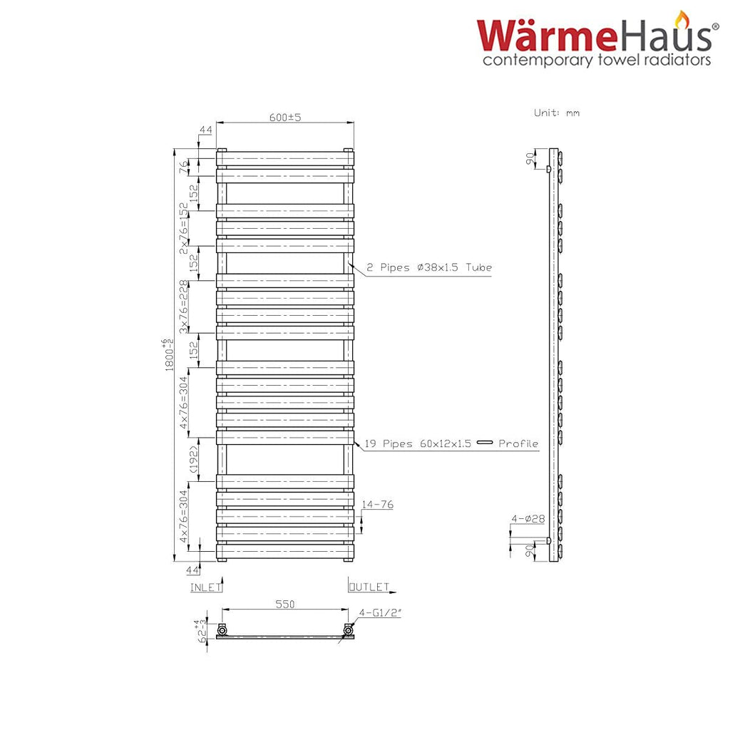 Warmehaus Flat Panel Heated Towel Rail Bathroom Radiator Chrome 1800x600mm - image 5