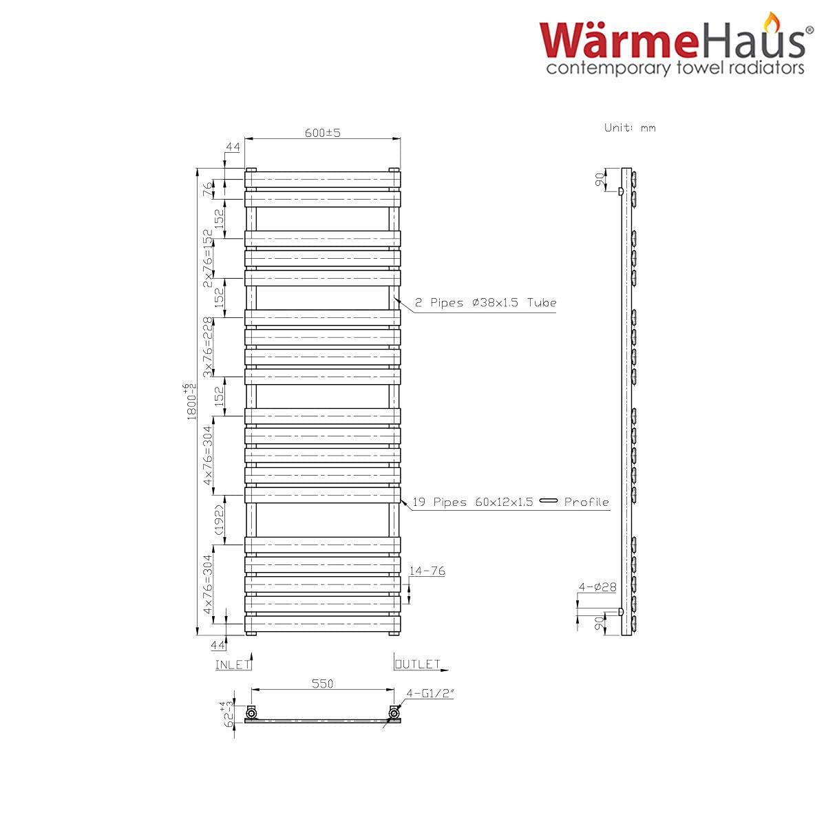Warmehaus Flat Panel Heated Towel Rail Bathroom Radiator Chrome 1800x600mm - image 5