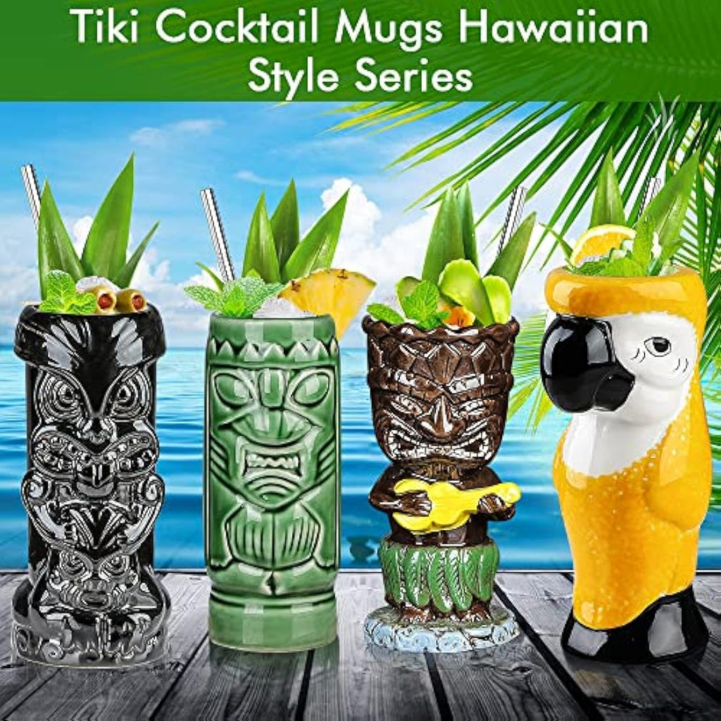 Jolof Store Ceramic Tiki Mugs - Set of 4 Tropical Hawaiian Cocktail Glasses