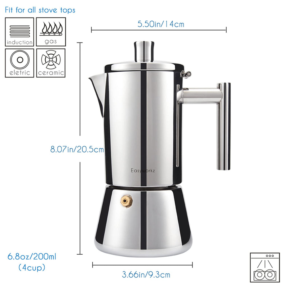 Easyworkz Diego Stovetop Espresso Maker | 4-Cup Stainless Steel Moka Pot