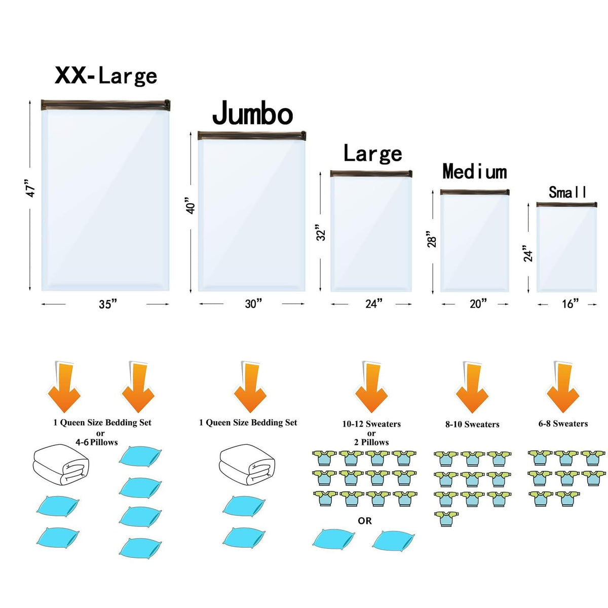 Vacuum Storage Bags 12 x Jumbo, Space Saver Sealer Compression Bags for Blankets, Comforters, Pillows, Clothes Storage