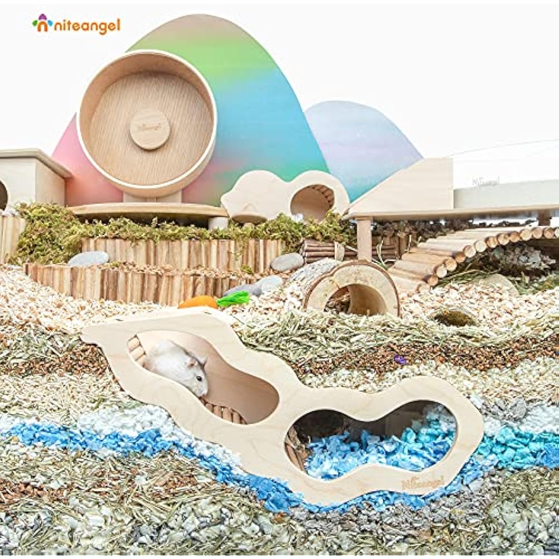 Niteangel Wooden Hamster House with Climbing Ladder Hideout for Small Pets