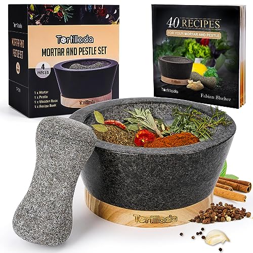 Tortillada Granite Mortar and Pestle Set – 16cm Spice Grinder with Wood Base