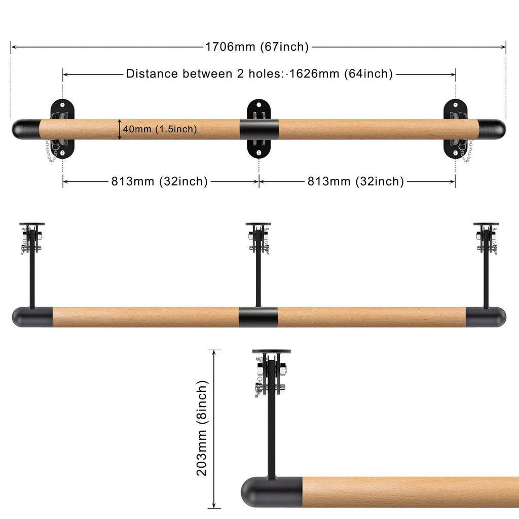BeneLabel 170cm Wall Mounted Ballet Barre – Adjustable Wooden Dance Bar