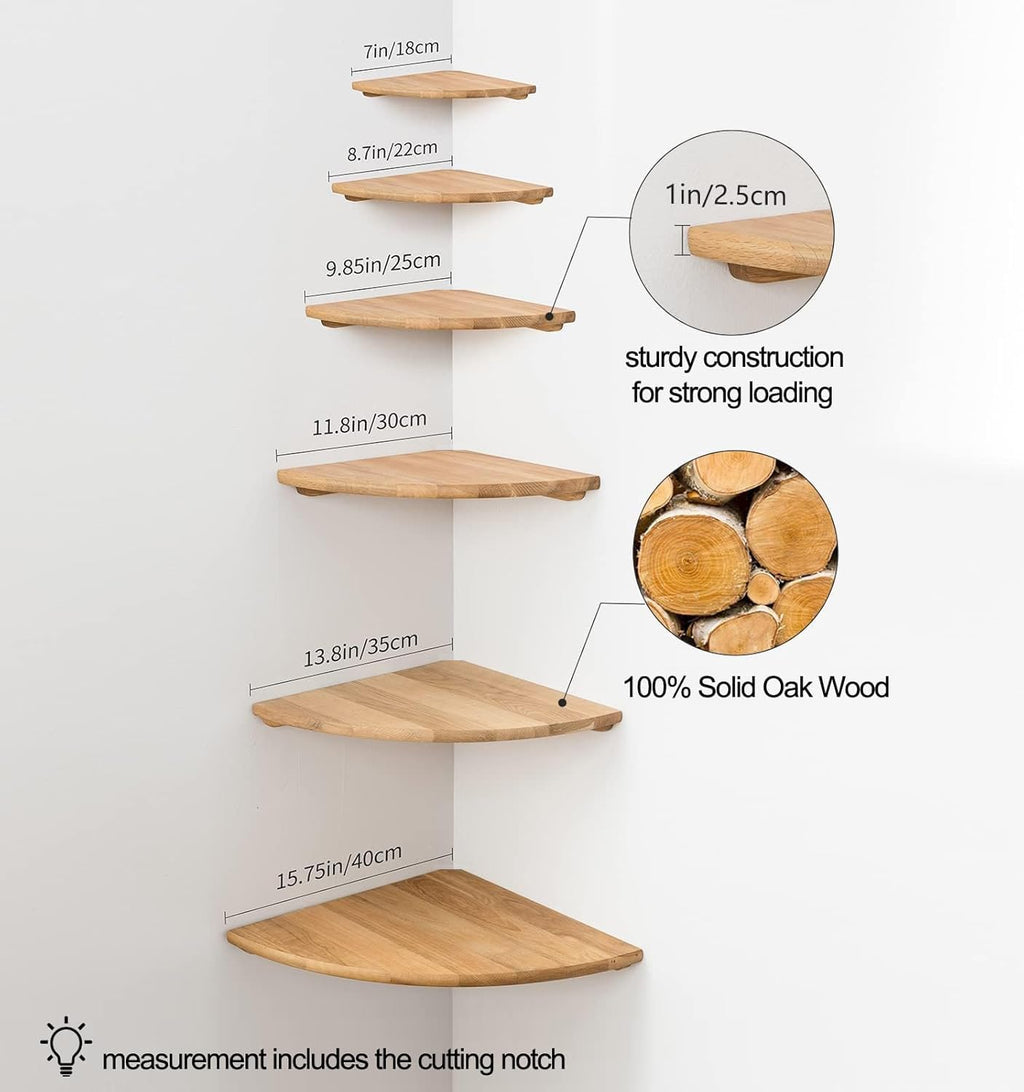 GIEANOO 16" Solid Oak Wood Floating Corner Shelf | Round Wall Mount Shelf
