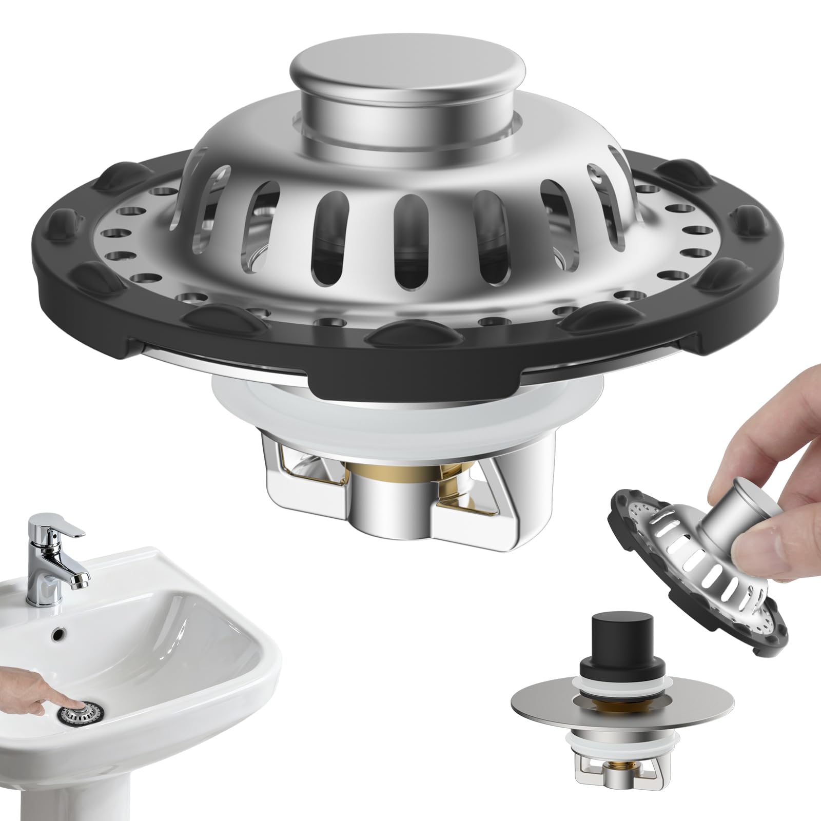 Hibbent 3-in-1 Bathroom Sink Plug | Stainless Steel Pop Up Drain Stopper