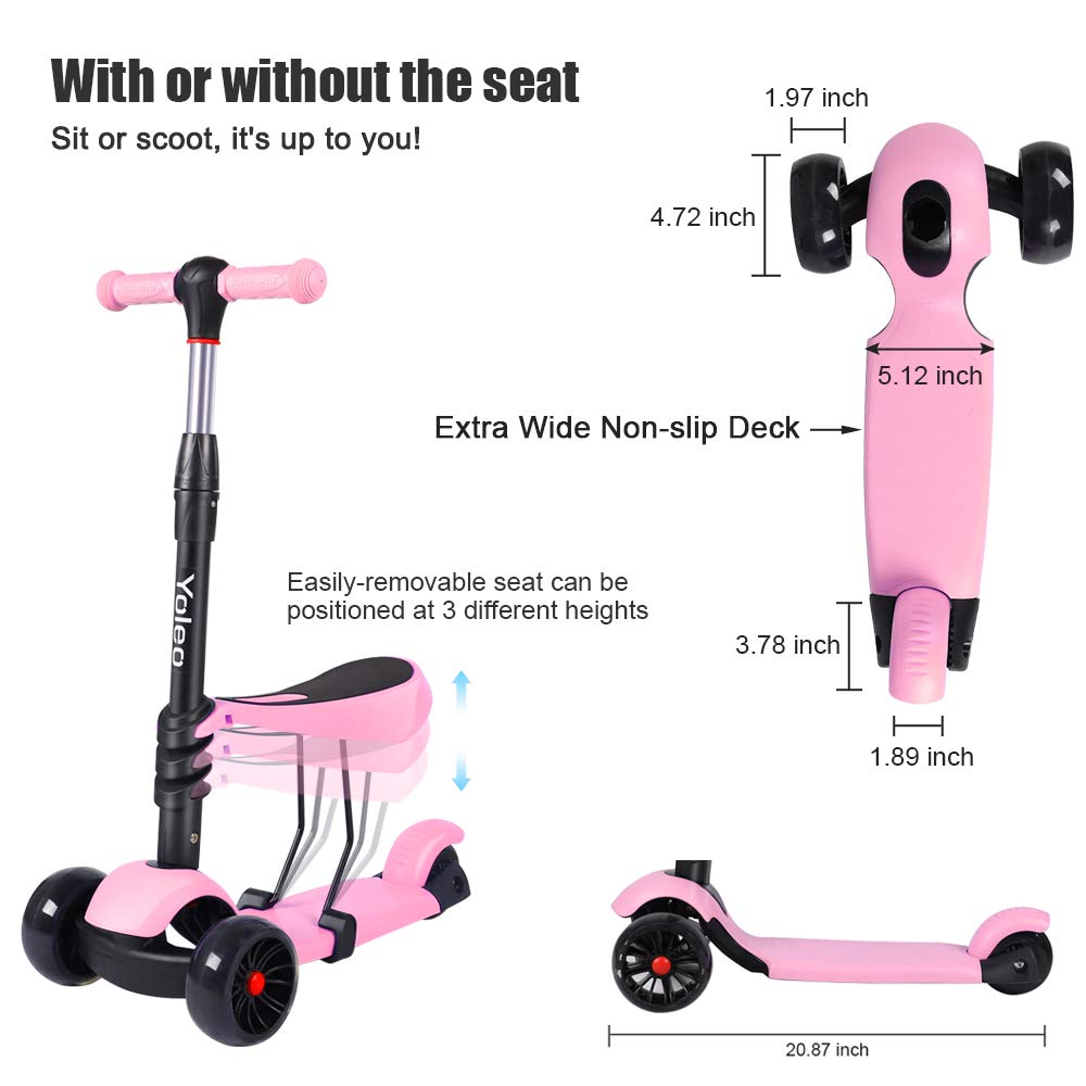 YOLEO 3-in-1 Kids Kick Scooter with Removable Seat and LED Wheels