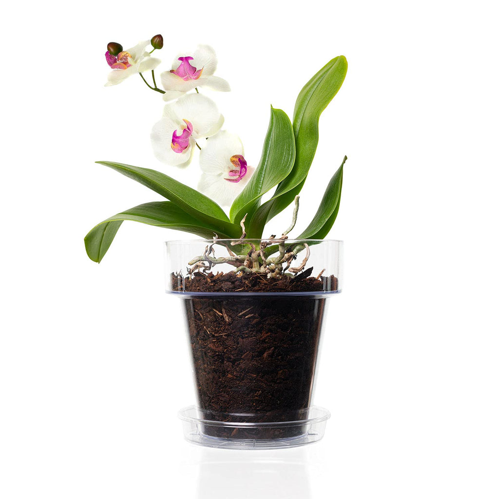 Kalapanta Clear Plastic Orchid Pot with Drainage Holes and Saucer - 16cm