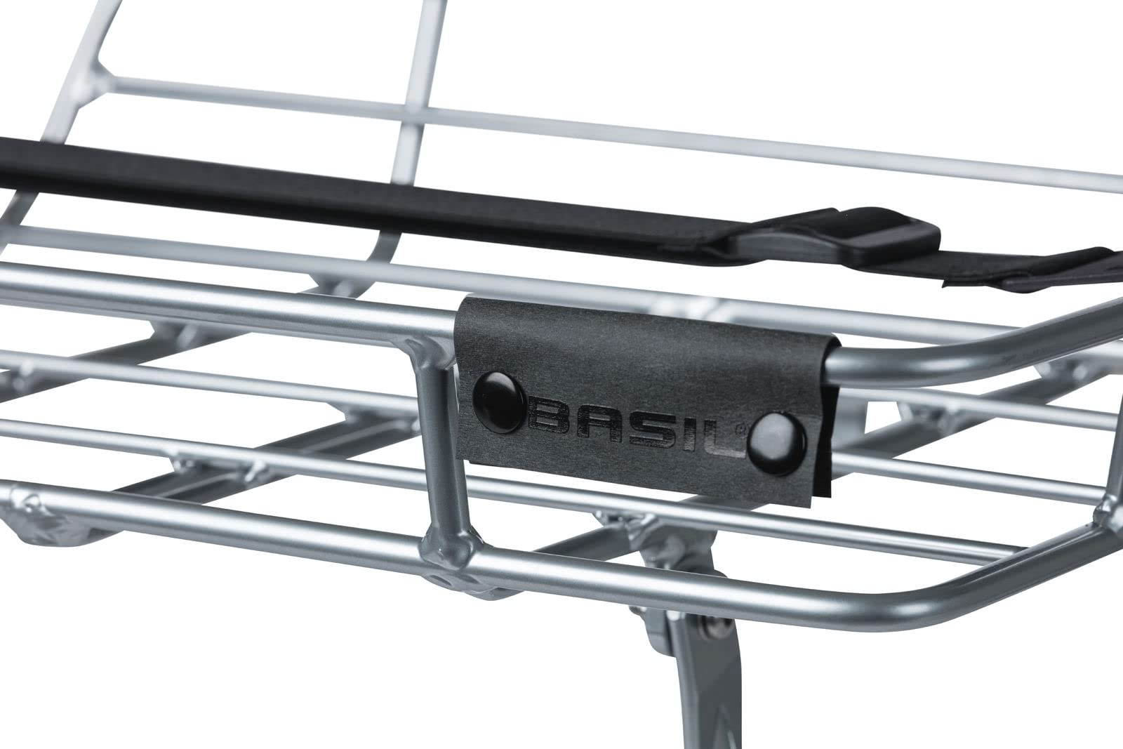 Basil Portland Front Carrier – Aluminum Bicycle Rack with Tan Belt