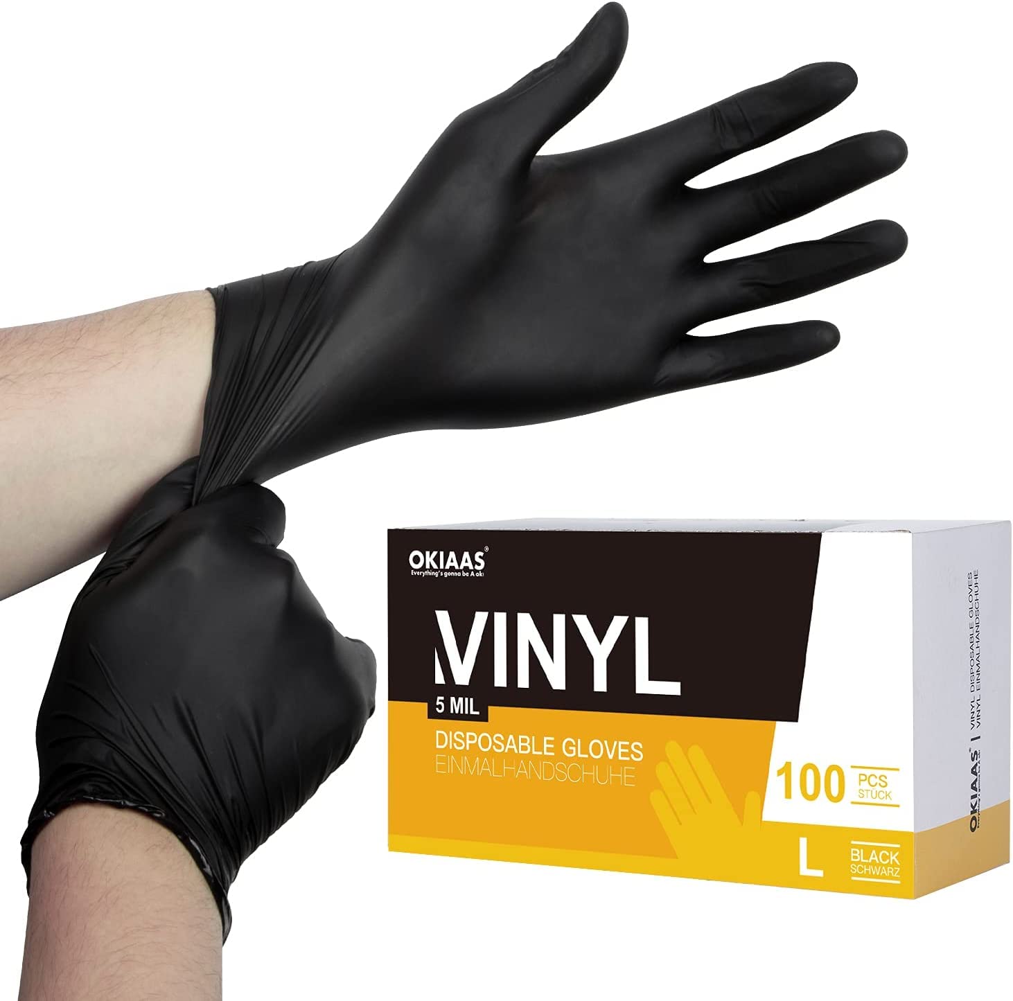 OKIAAS Black Vinyl Gloves – Latex Free 5 mil Disposable Gloves, 100 Count