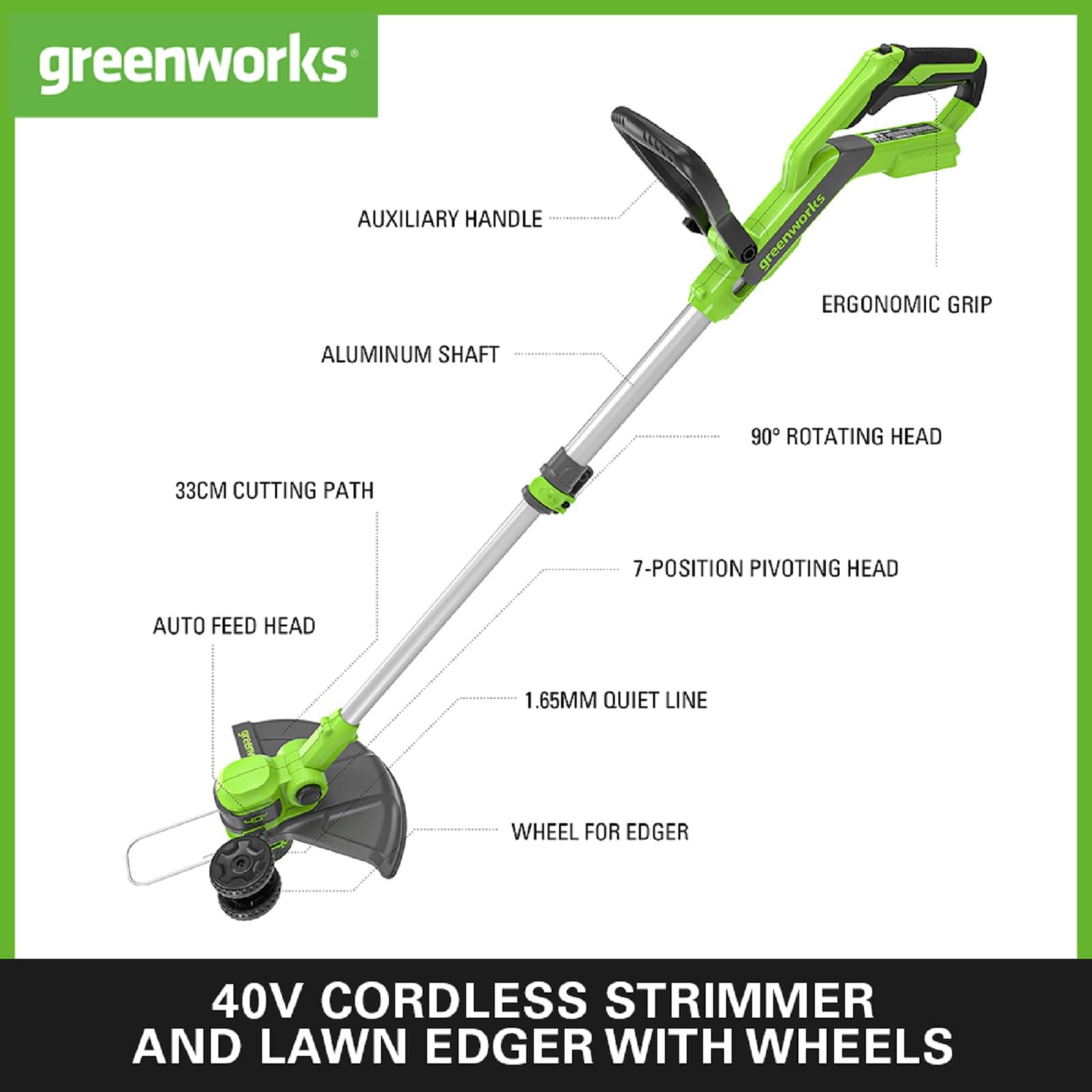 Greenworks 40V Cordless Grass Trimmer & Edger | 33cm Cutting Width