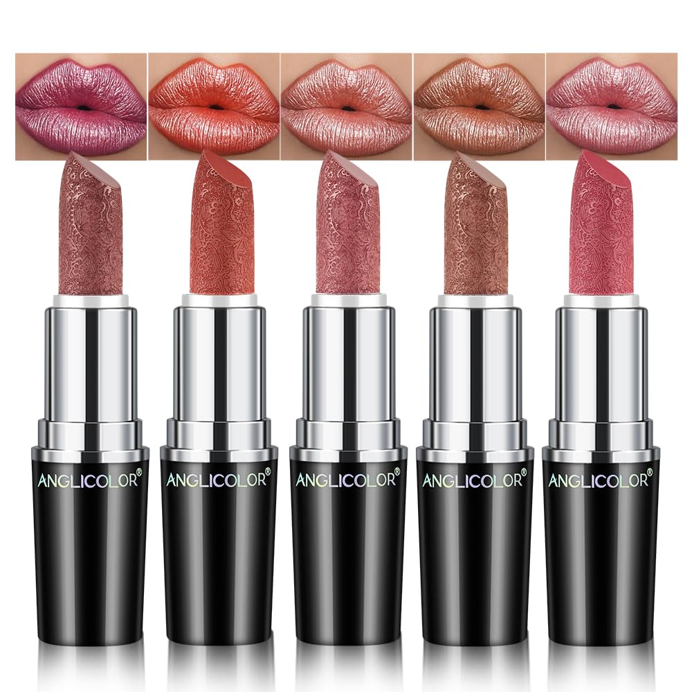 Anglicolor 5-Piece Glitter Lipstick Set – Metallic Shimmer Vegan Lip Gloss