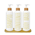 Jolof Store White Glass Shampoo & Conditioner Dispenser Set with Bamboo Tray
