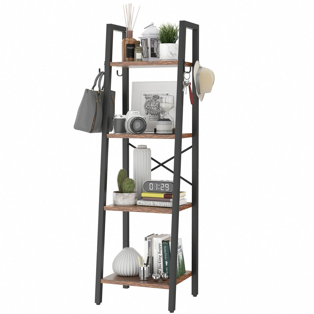 YMYNY 4-Tier Ladder Bookshelf | 125CM Industrial Rustic Brown Shelving Unit