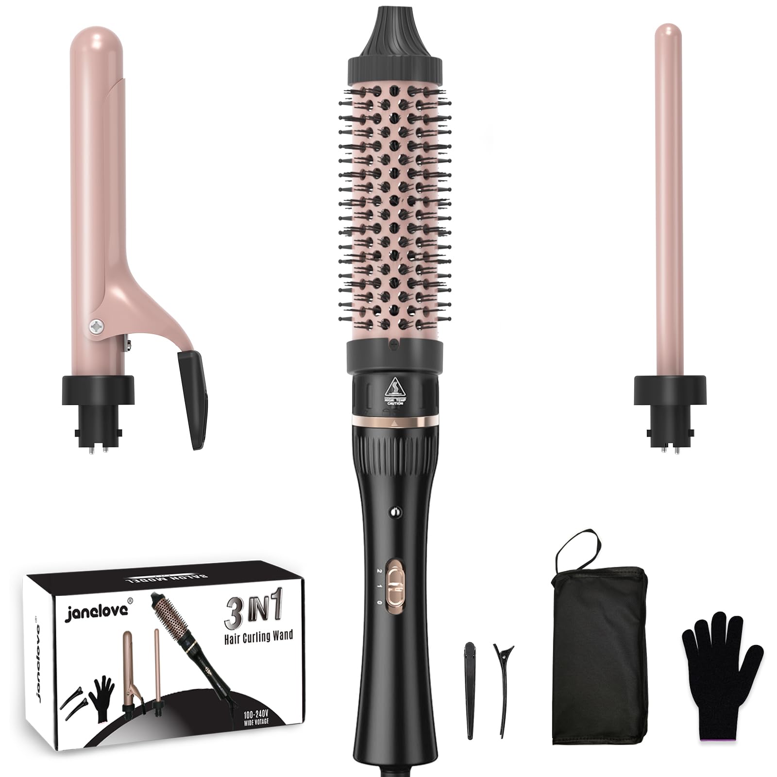 janelove 3-in-1 Hair Curler Set | Ceramic Curling Wand with Thermal Brush