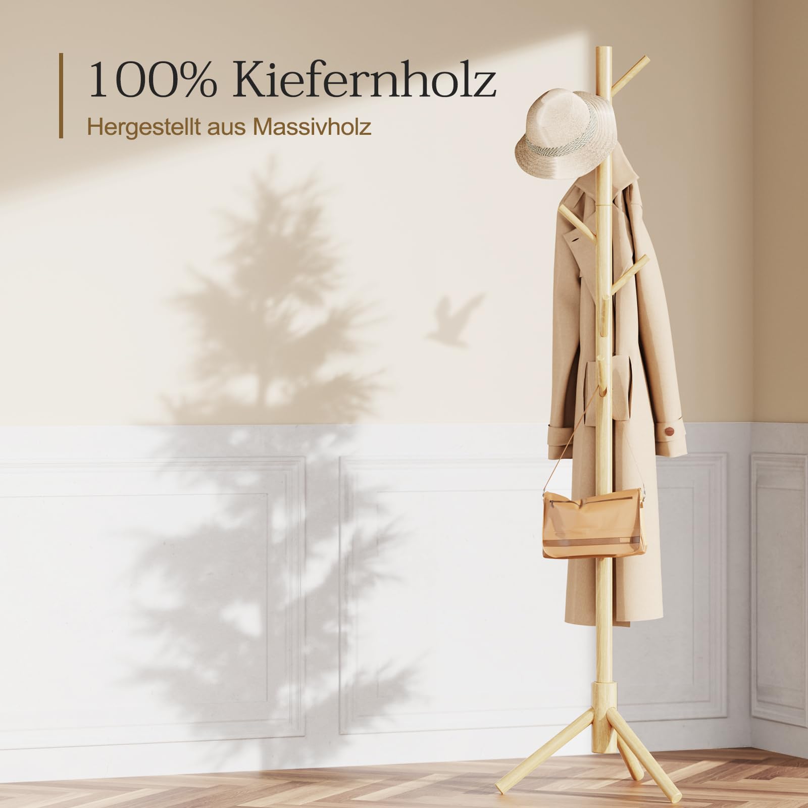 Pipishell Wooden Coat Rack – Adjustable Height Freestanding Stand with 8 Hooks