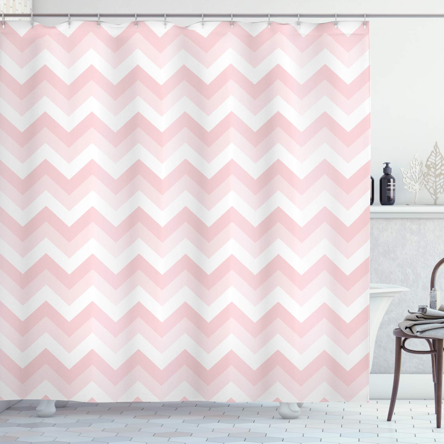 ABAKUHAUS Chevron Fabric Shower Curtain – Rose Pale Pink & White, 94"