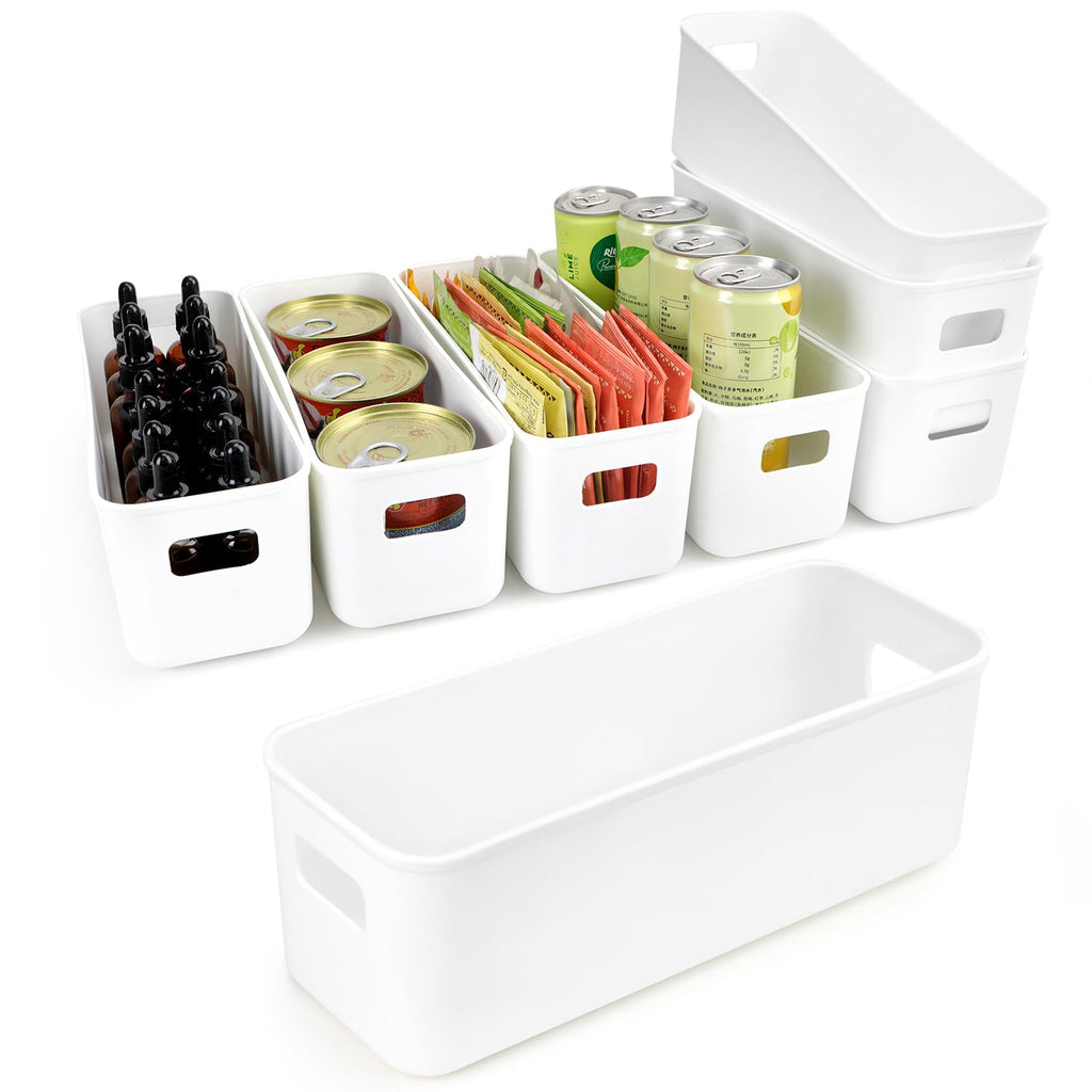 imatenn 8 pack Narrow Storage Box, Plastic Storage Baskets for Shelves, Slim Kitchen Cupboard Organiser Storage Boxes for Bathroom Cabinet, Drawers - image 1