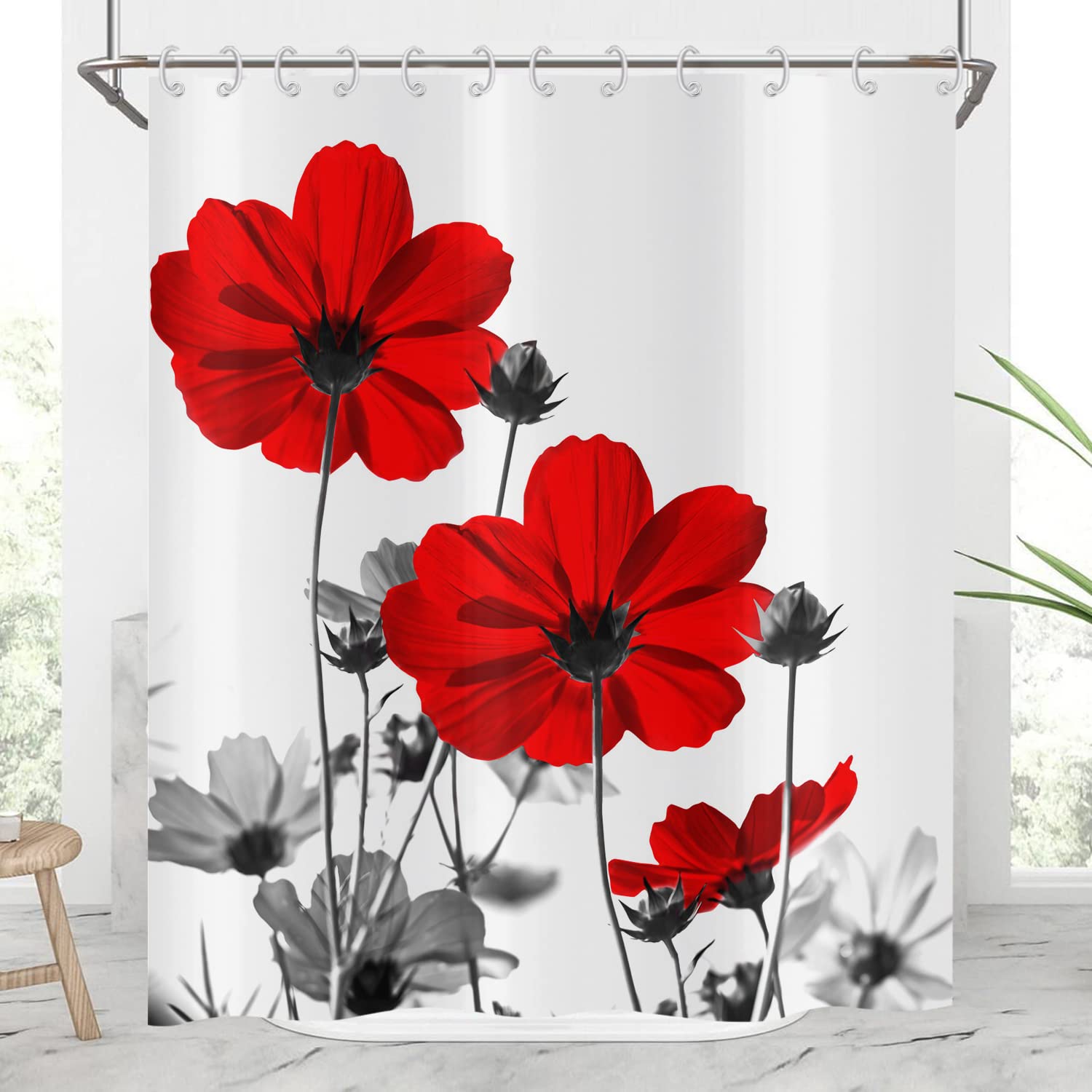 Hnmdmyi Floral Shower Curtain – Red & Grey Daisy Waterproof Polyester
