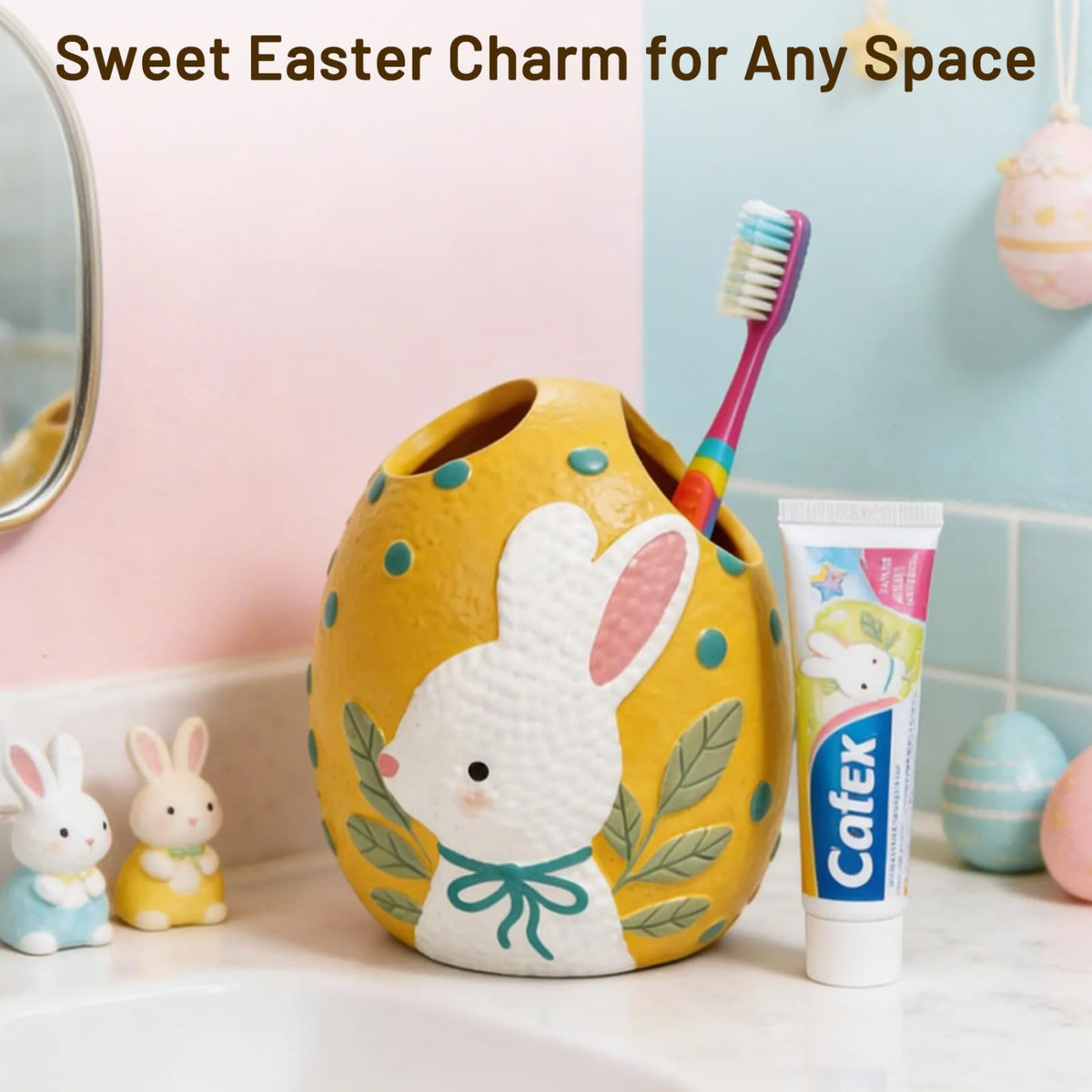 Blissilk Bunny Design Toothbrush Holder, 2 Slots Tooth Brush Holder, Resin Built Toothbrush Holders for Bathroom, Vanity Counter