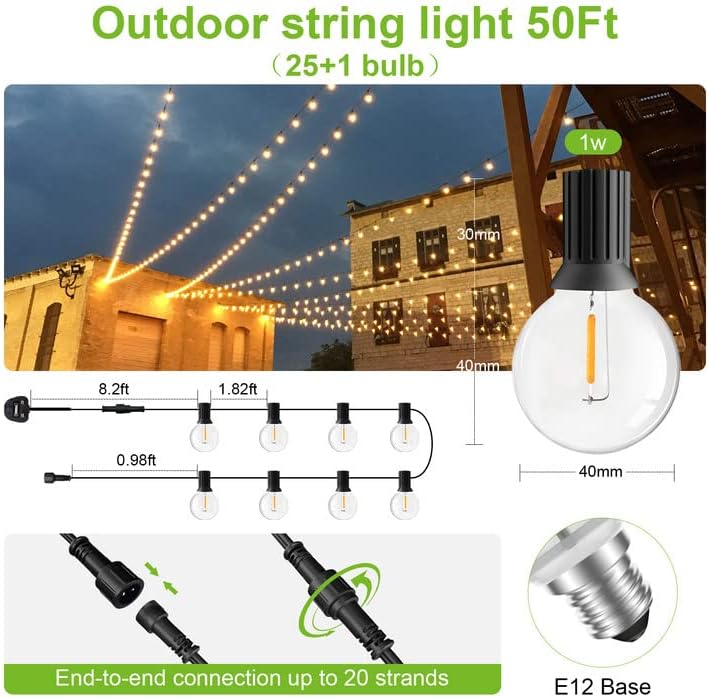 50FT G40 Outdoor String Lights | Shatterproof LED Garden Lights