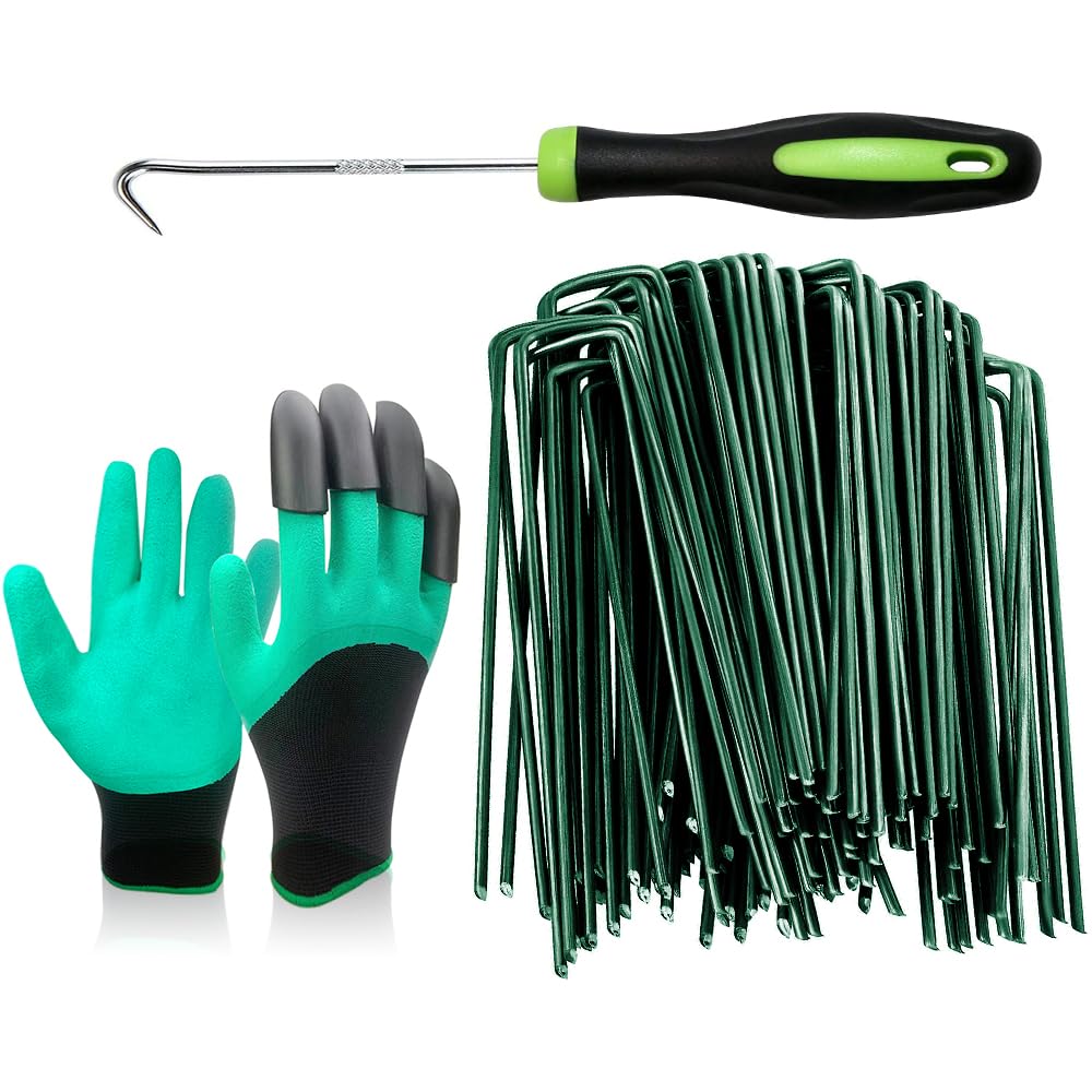 Bakulyor 200 Pack Green Landscape Staples | 6-Inch U-Shaped Steel Garden Pins