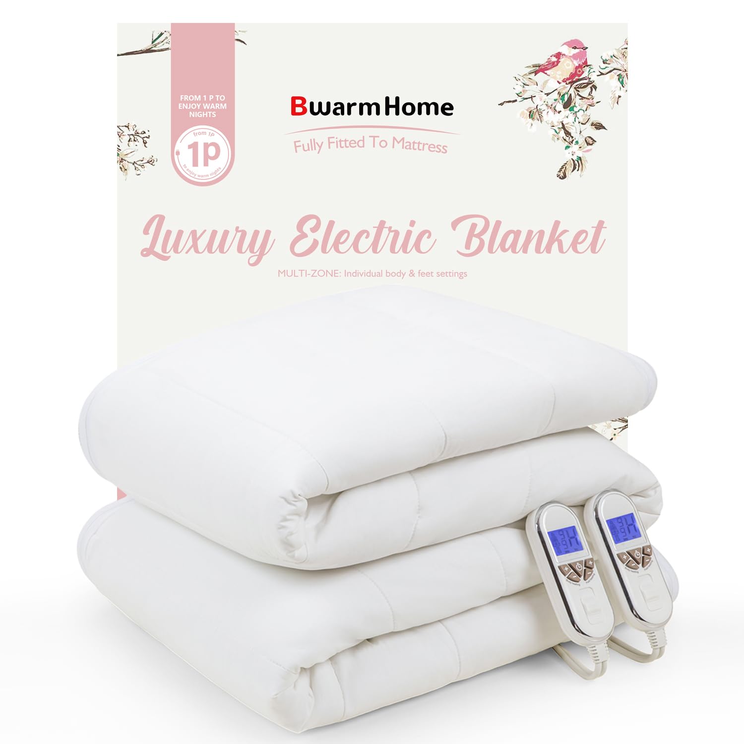 BWARM HOME King Electric Blanket | Dual Control Cotton Mattress Cover