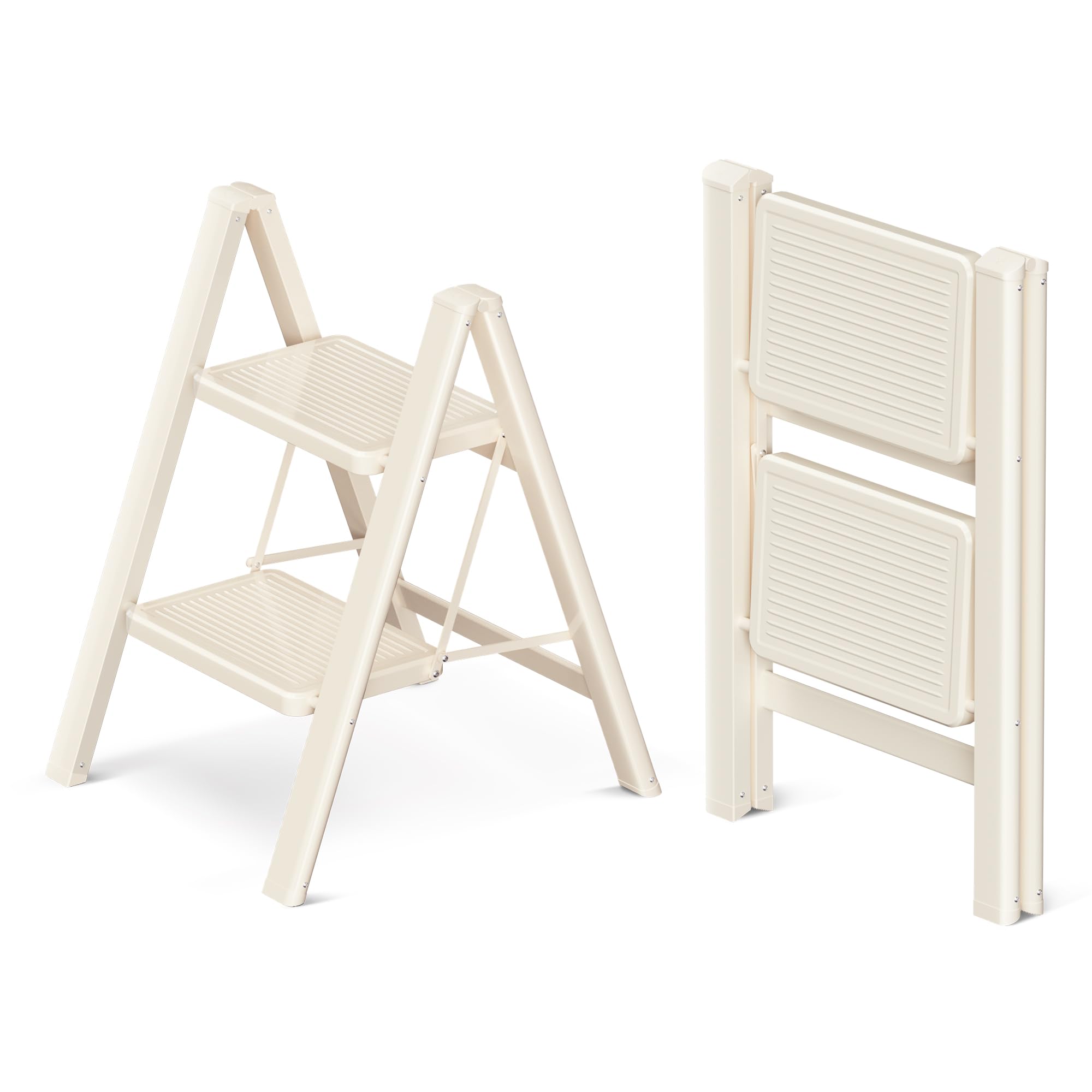 GameGem 2 Step Folding Ladder – Cream White Stool with Widened Pedals