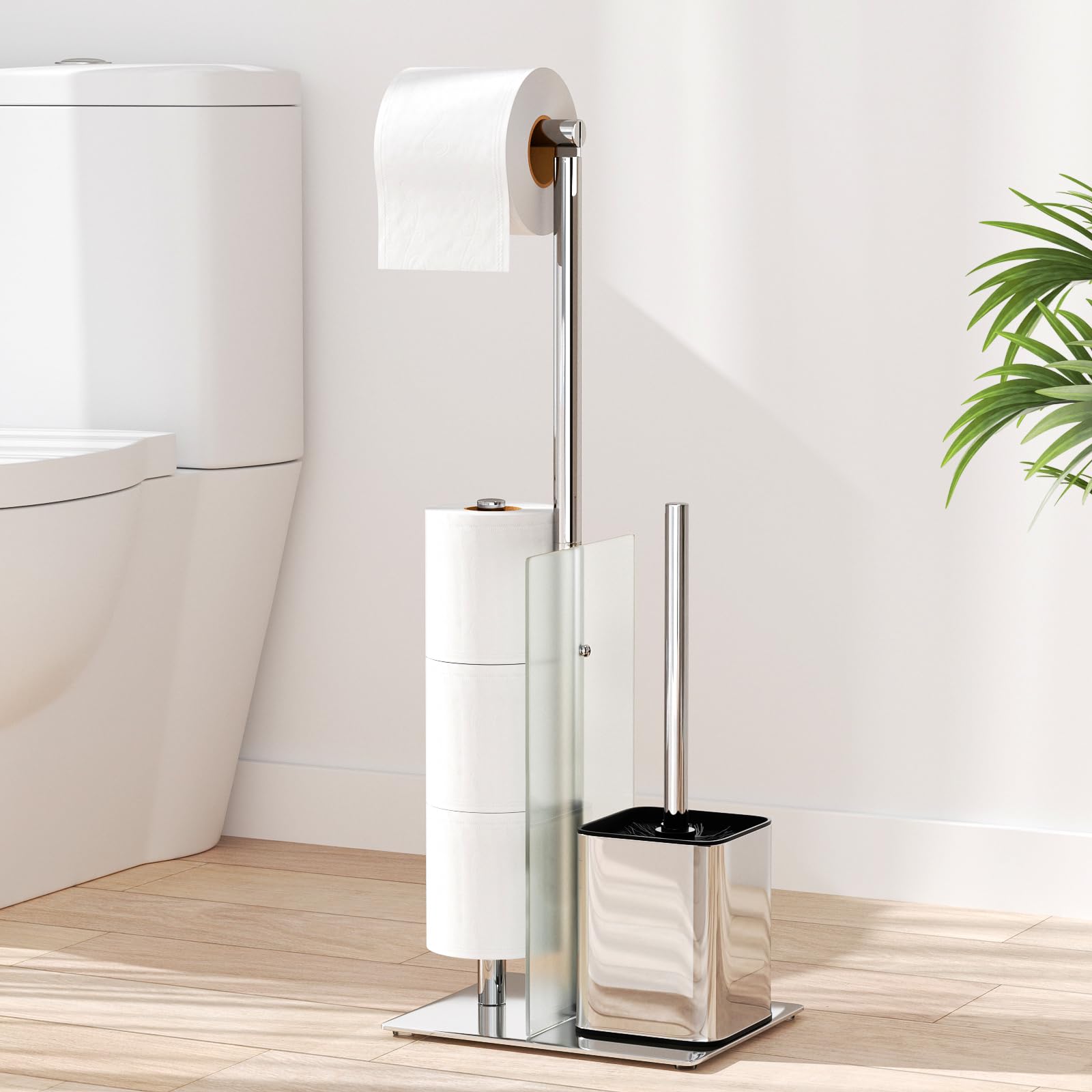 susswiff Free Standing Toilet Roll Holder & Brush | Stainless Steel Silver