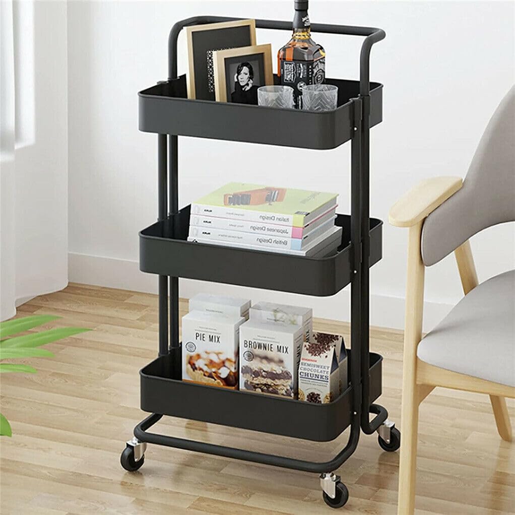 Multibao 3 Tier Storage Trolley on Wheels Cart Kitchen Utility Rolling Rack Tray Shelf for Kitchen Bathroom Laundry and Office Black