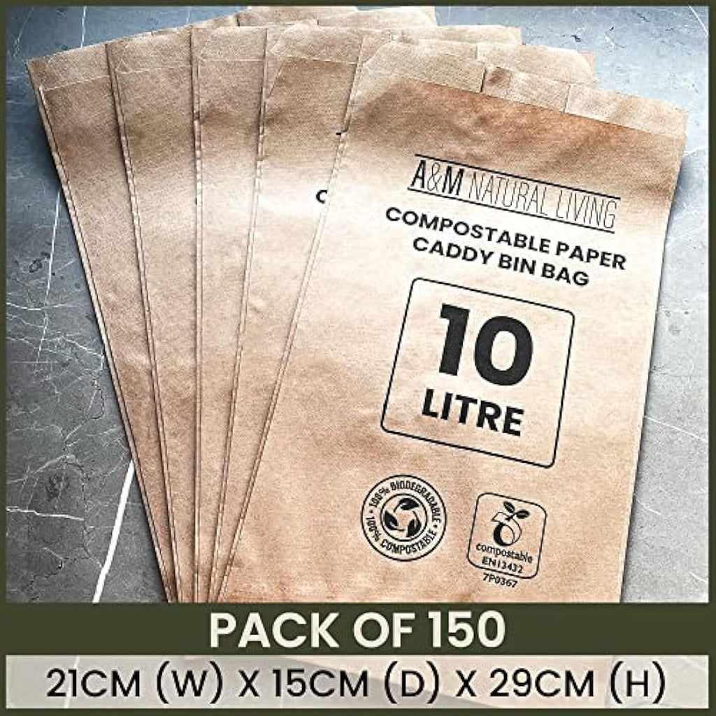 A&M Natural Living 10L Paper Food Waste Caddy Liners - 150 Compostable Bags