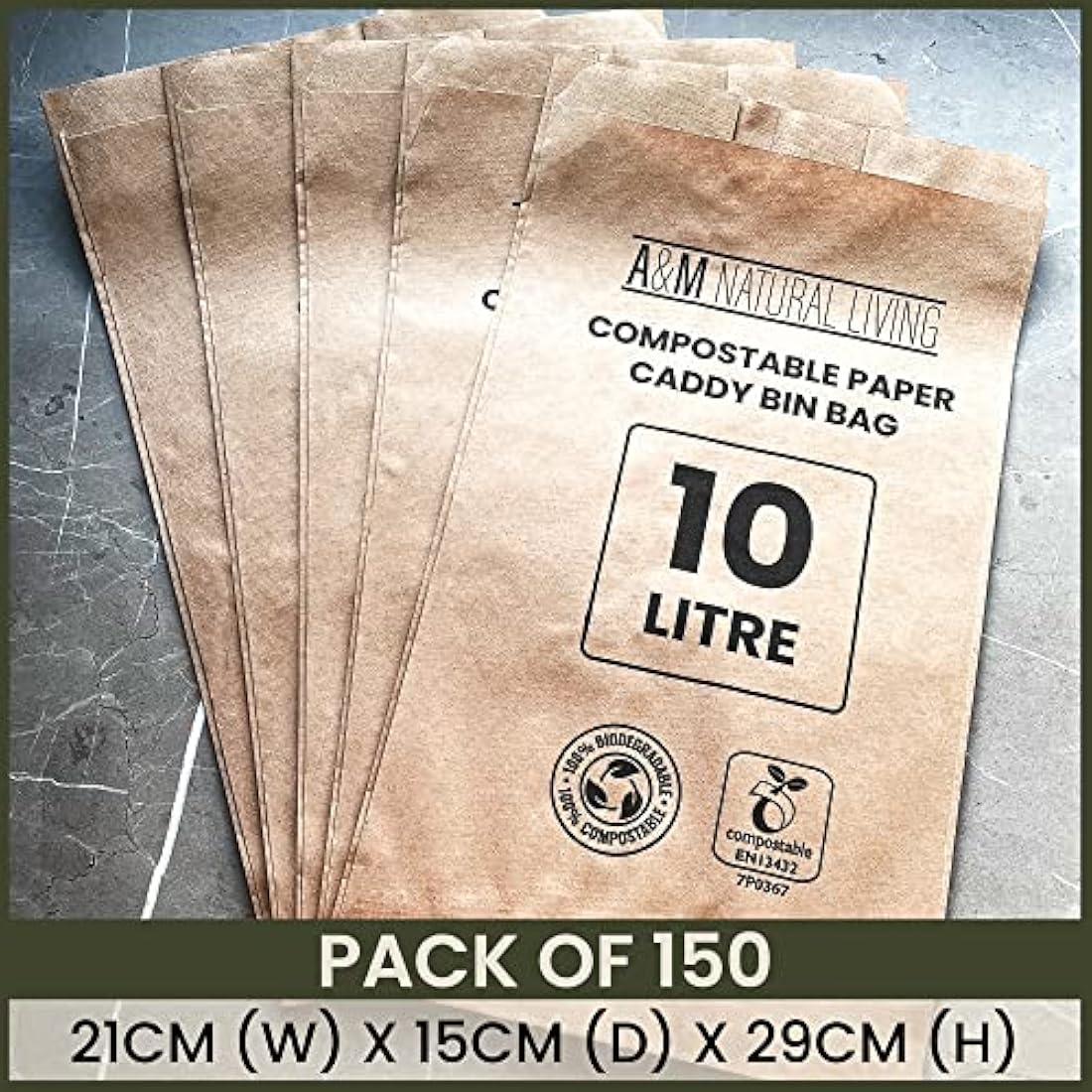 A&M Natural Living 10L Paper Food Waste Caddy Liners - 150 Compostable Bags
