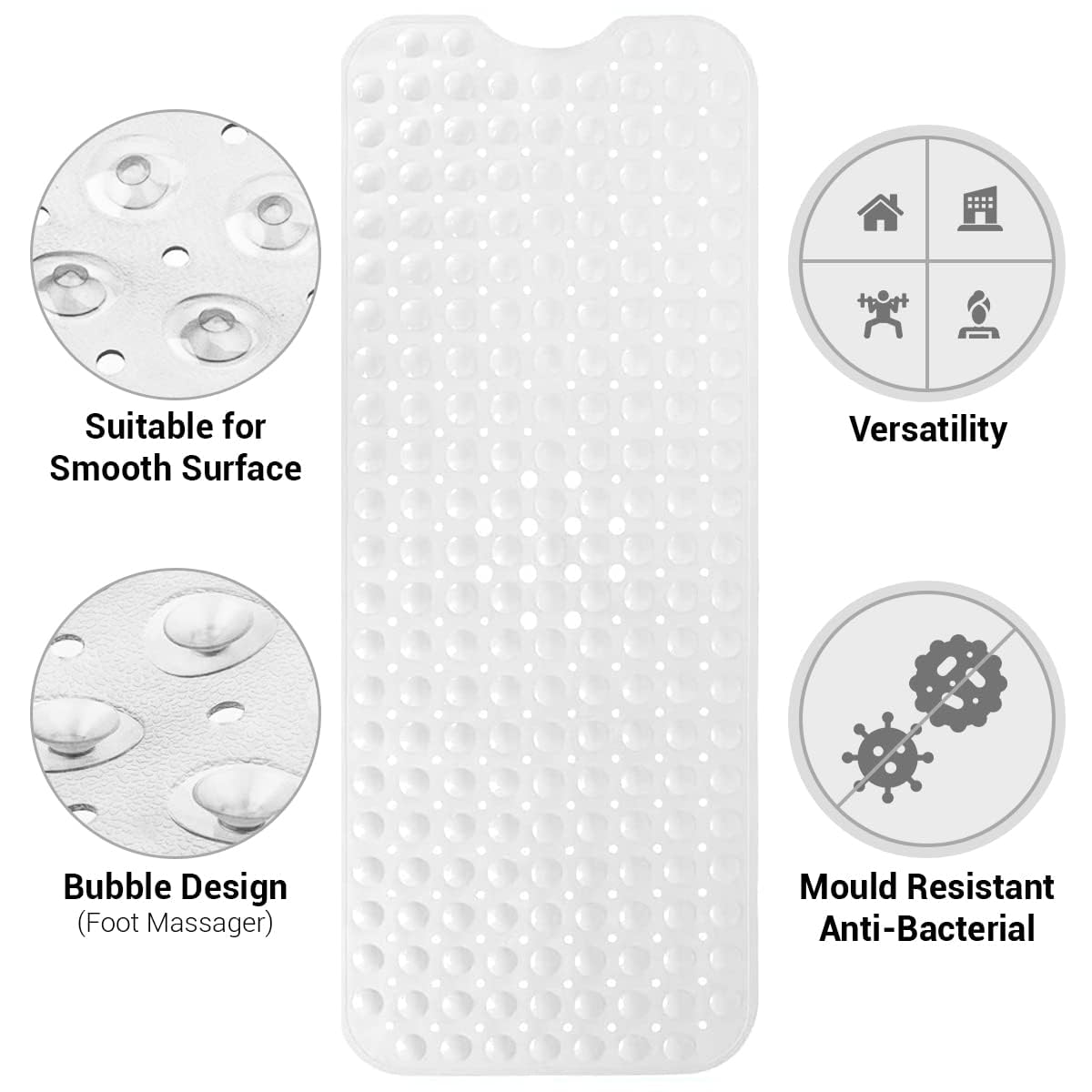 ADOV Bath Mat Non Slip, 70x38 cm Extra Long Shower Mat Anti Mould, Bathroom Bathtub Mats for Tub, Strong Suction Cups and Drain Holes - image 5