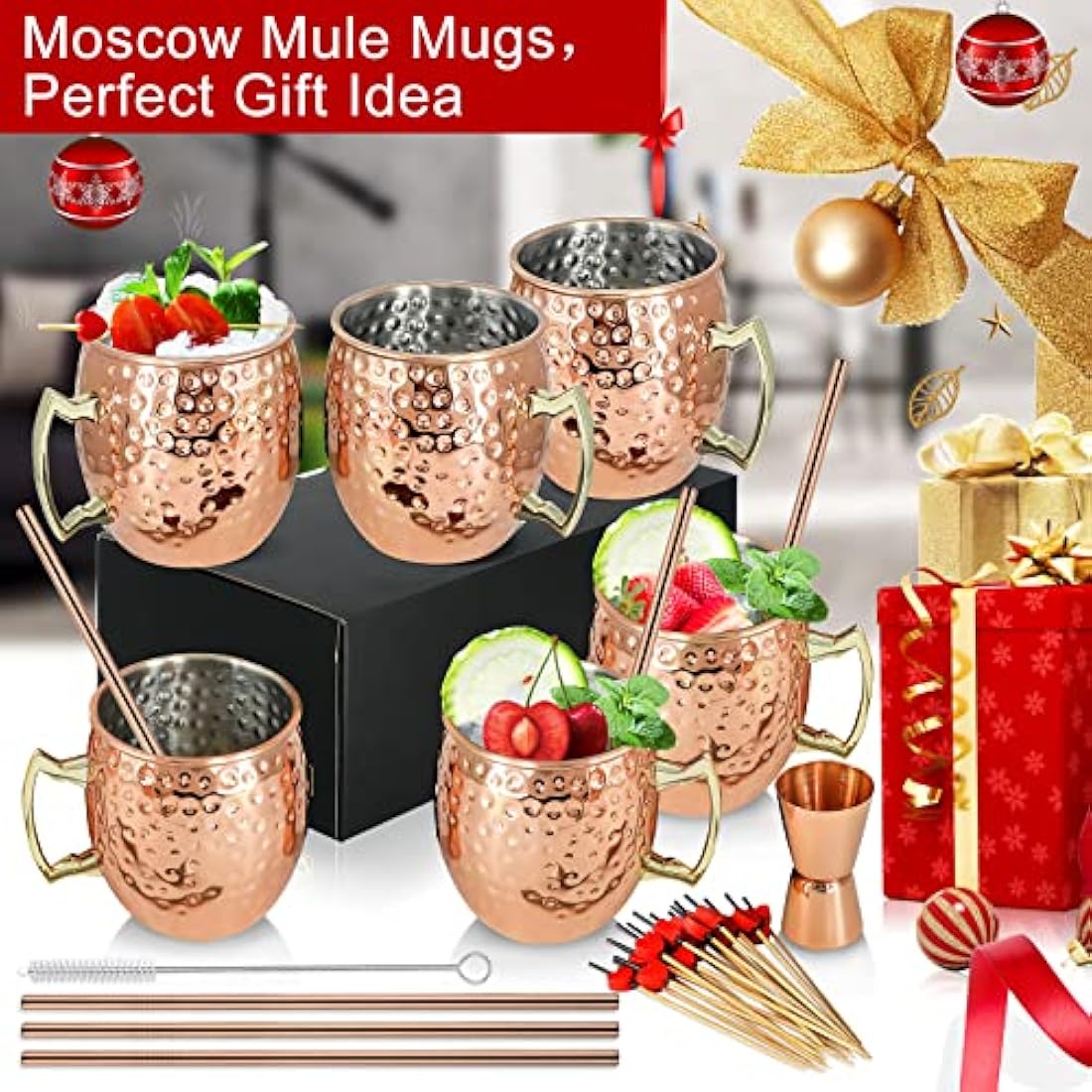 Moscow Mule Copper Mugs - Set of 6 Hammered 18oz Cups
