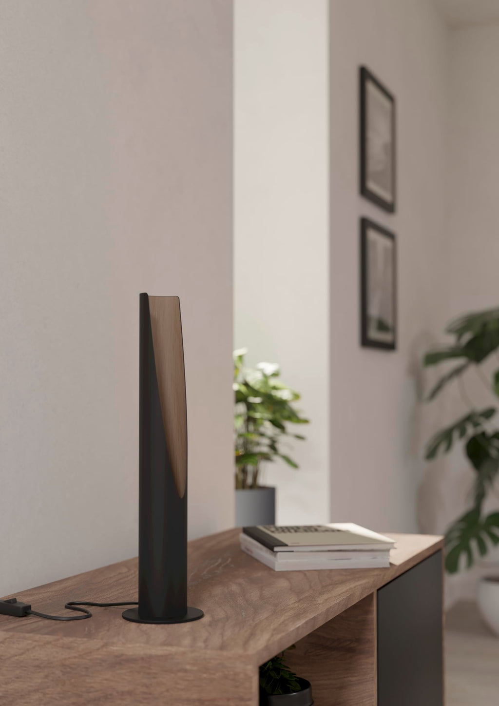 Eglo Barbotto Table Lamp – Black Metal & Oak Wood Bedside Light, 40cm