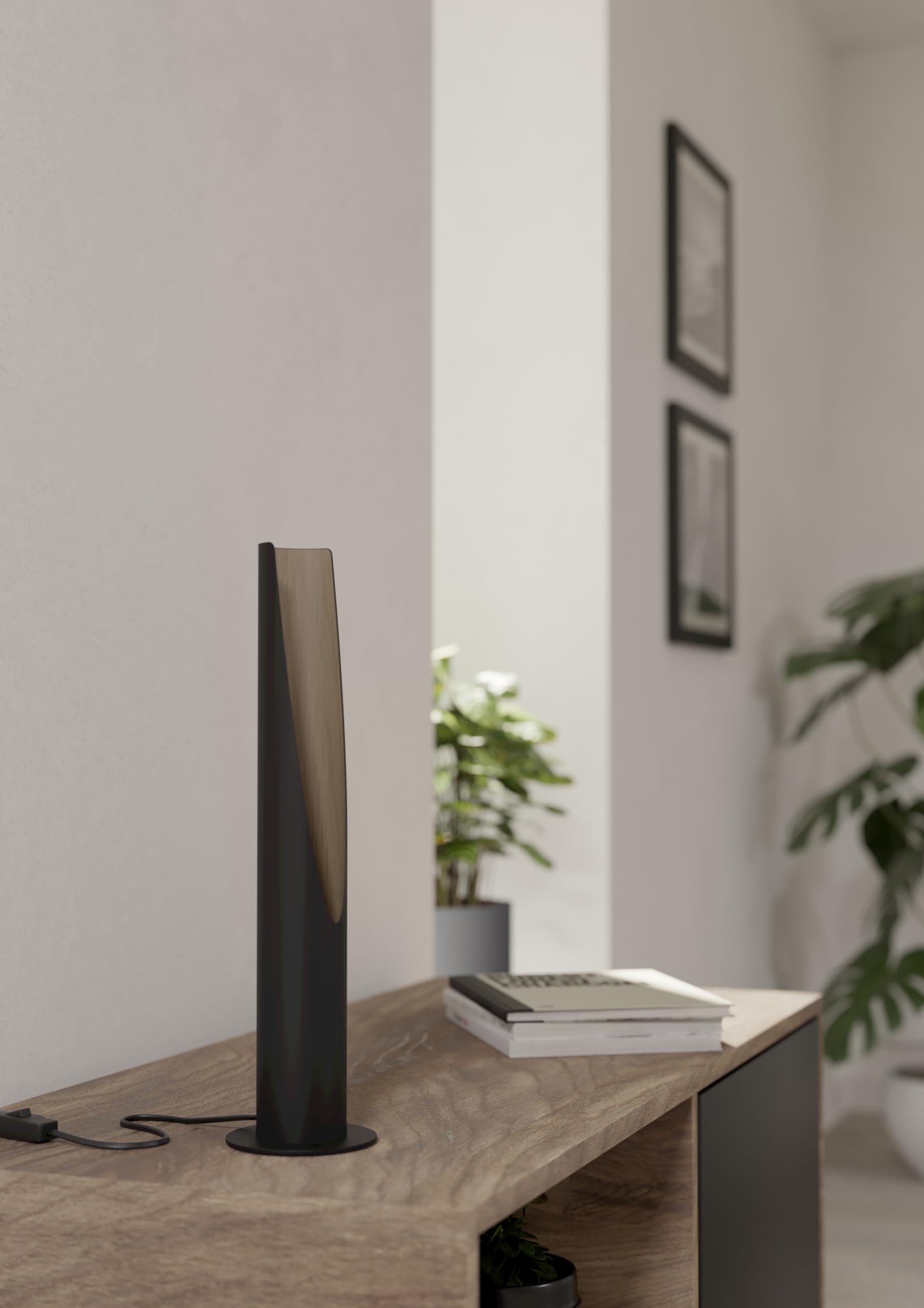 Eglo Barbotto Table Lamp – Black Metal & Oak Wood Bedside Light, 40cm