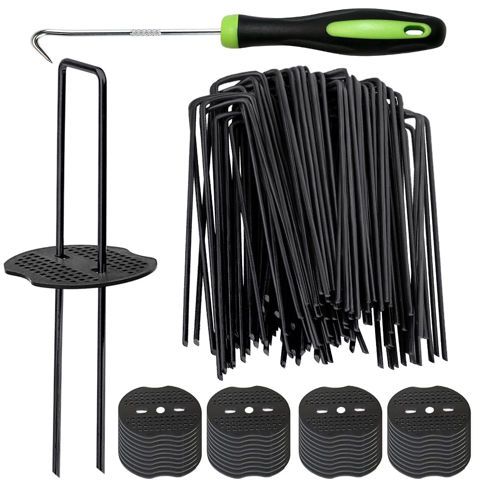 Bakulyor 150 Black Garden Pegs with Washers – 6 Inch Metal Landscape Staples