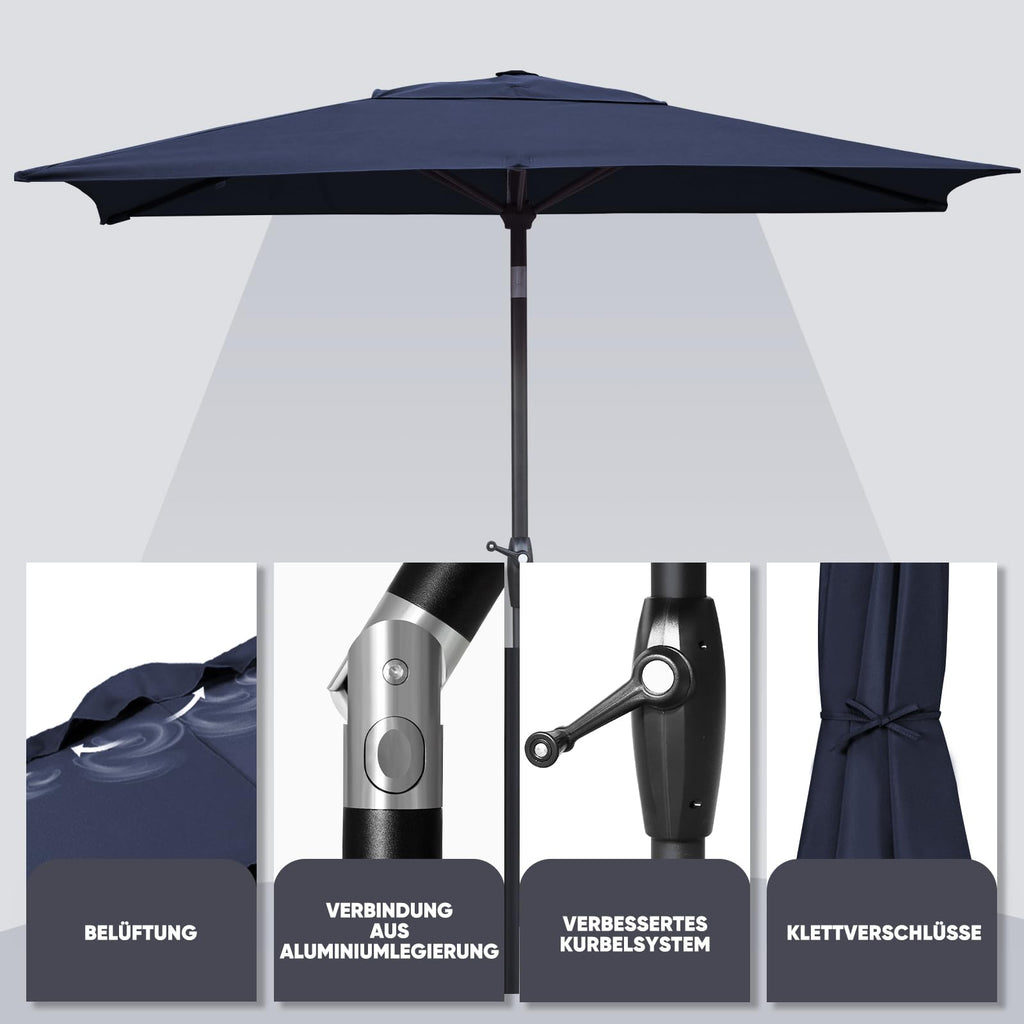 Sekey Rectangular Aluminium Parasol 210x140cm | UV 50+ Balcony Umbrella
