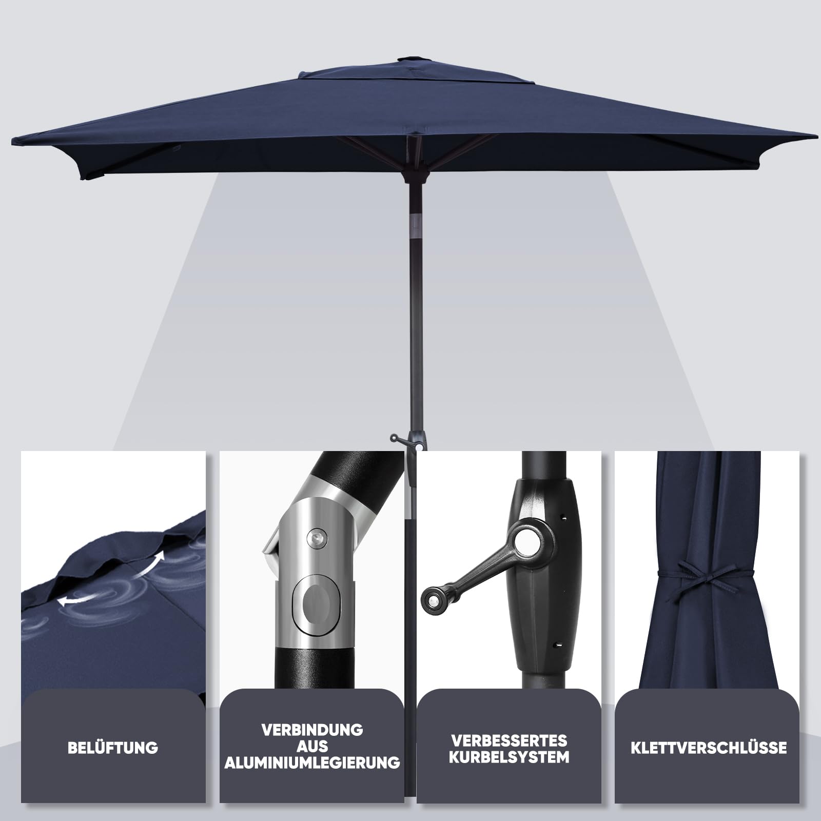Sekey Rectangular Aluminium Parasol 210x140cm | UV 50+ Balcony Umbrella
