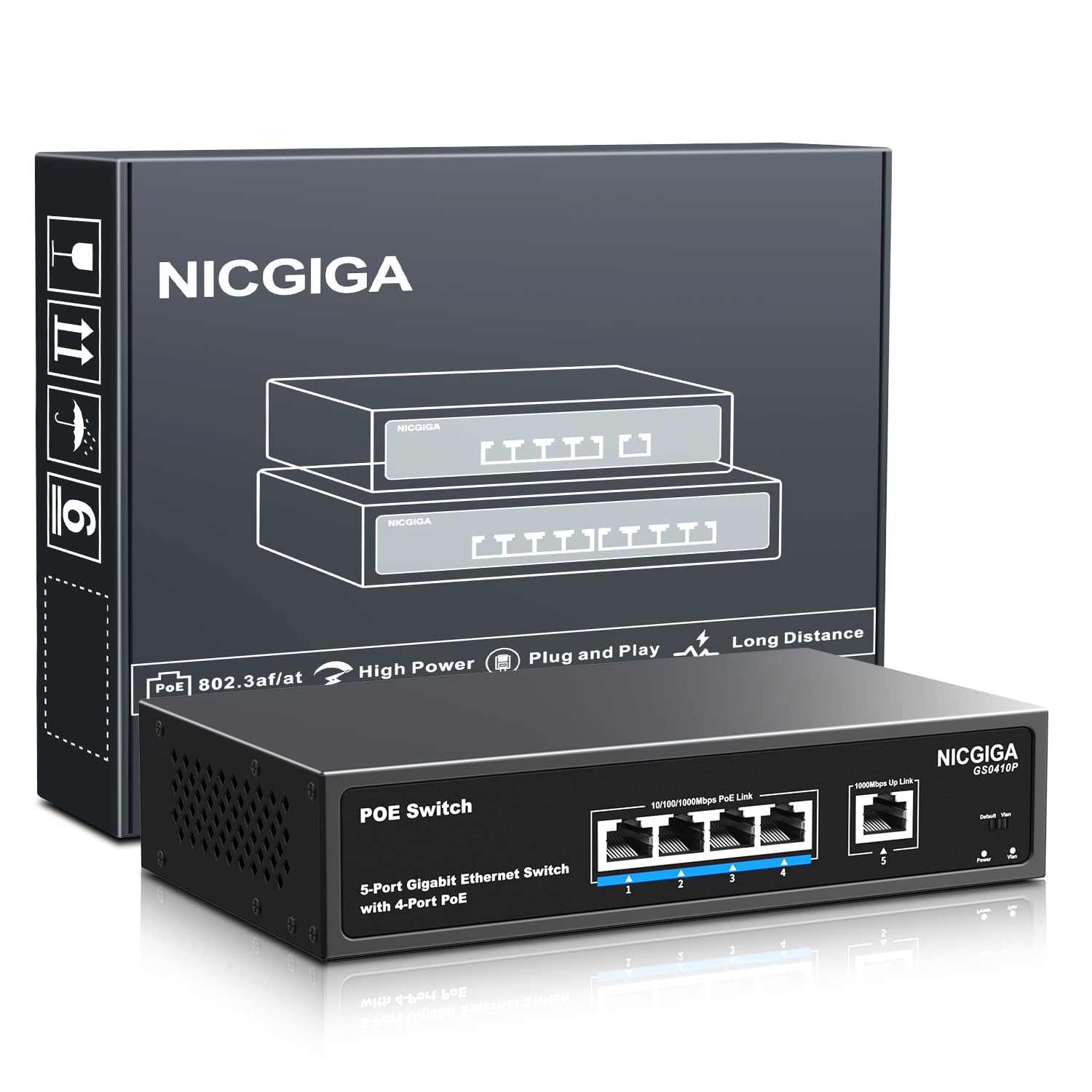 NICGIGA 4 Port Gigabit PoE Switch | 78W Unmanaged Network Switch with VLAN