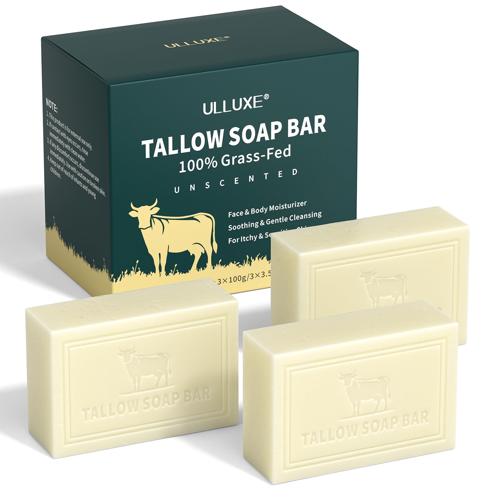 Jolof Store Grass Fed Beef Tallow Soap Bar - Unscented 3-Pack for Sensitive Skin