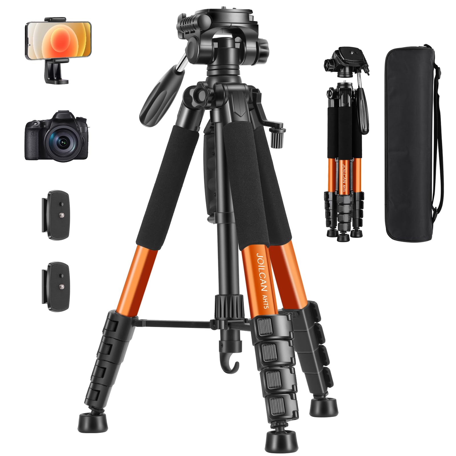 JOILCAN 74" Aluminum Camera Tripod | Lightweight Travel Stand - Orange