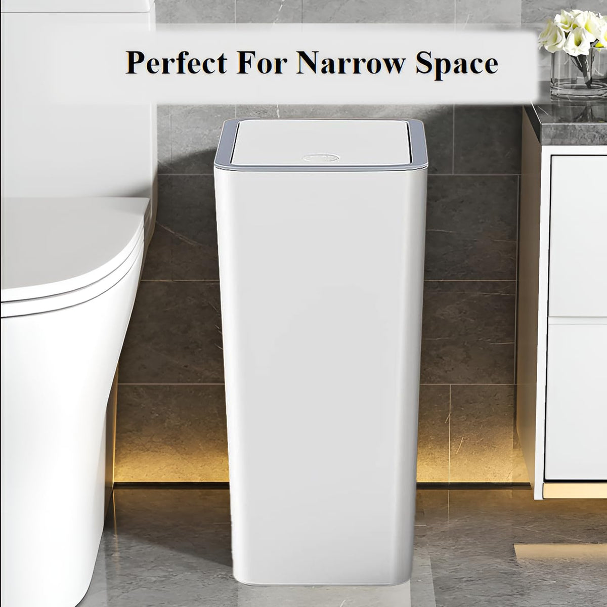 Bedroom Bin,Push Button Plastic Bin for Bedroom,10L Slim Bathroom Bin with Lid,Narrow Waste Bin for Bathroom Anti-Odour,Plastic Thin Trash Can for - image 5