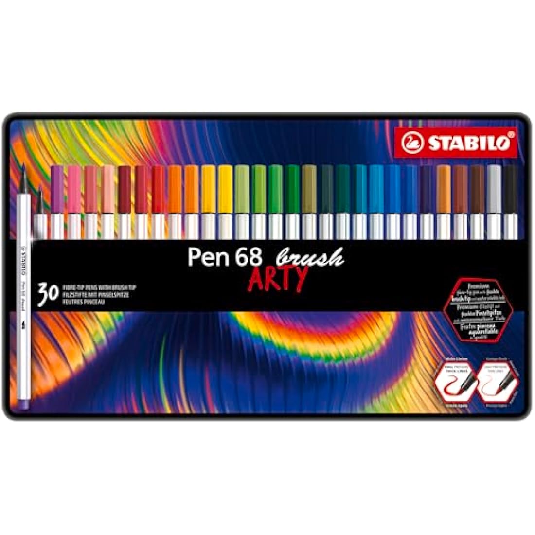 STABILO Pen 68 Brush Tip Markers - ARTY Tin of 30 Assorted Colours