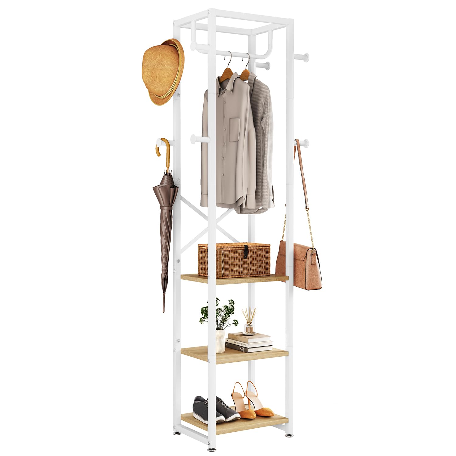 IBUYKE Industrial Coat Rack – Freestanding Hall Tree with 3 Shelves & 8 Hooks