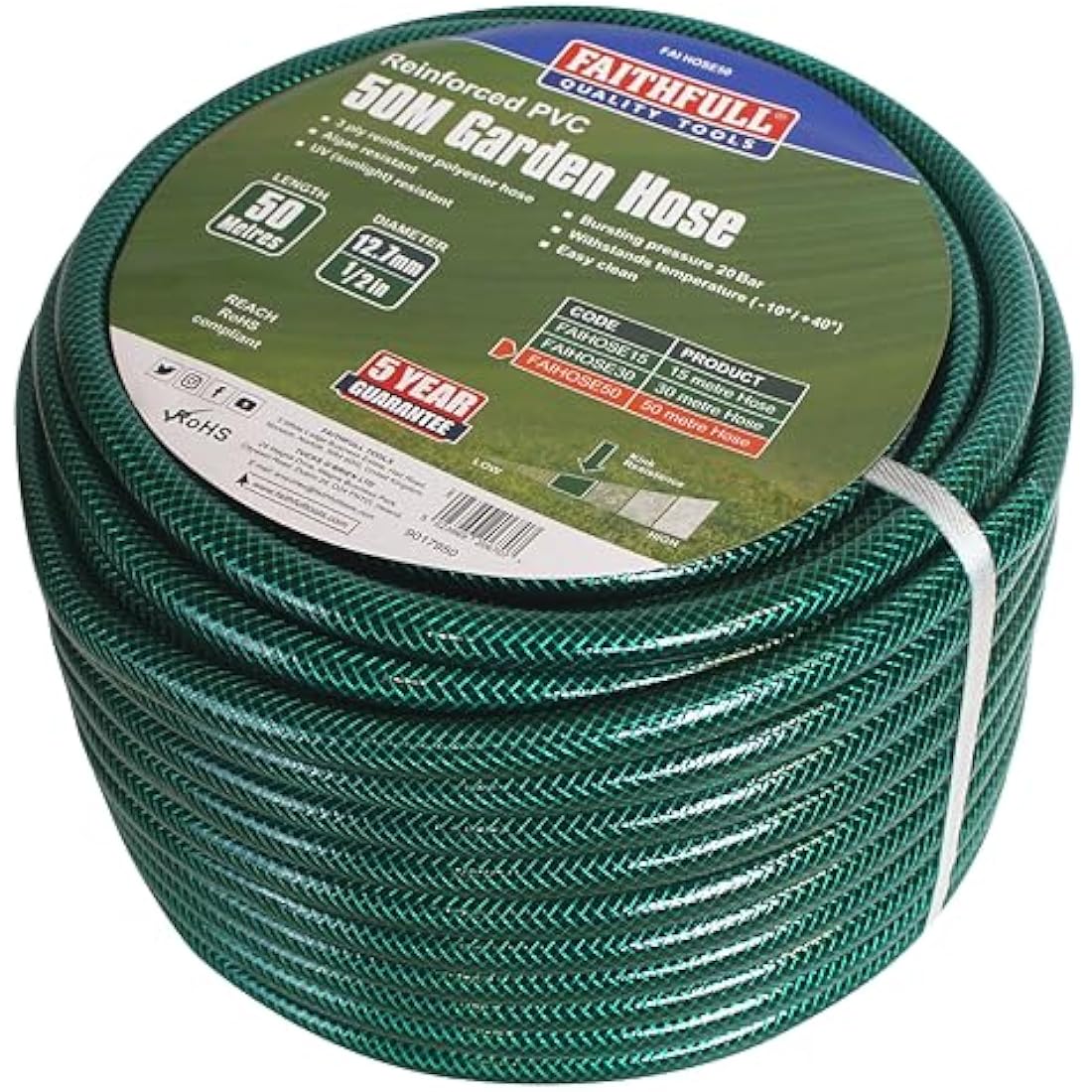 Faithfull 50m Reinforced PVC Garden Hose Pipe – 12.7mm Kink Resistant