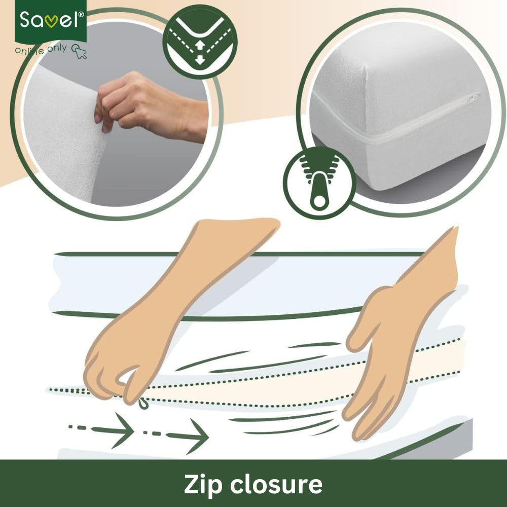 SAVEL - Mattress Encasement 140x190/200 cm Double Size | Adjustable and Elastic | Absorbent Mattress Protector - White