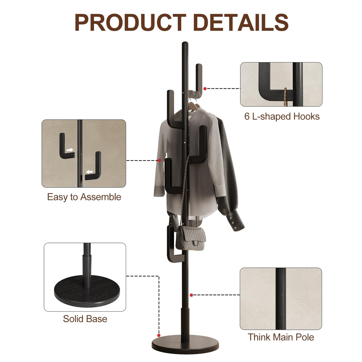 AQIMUELE Coat Stand, Woodem Coat Rack Stand - Cactus Design with 6 Hooks, Sturdy and Easy Assembly for Hallway Entryway, Hat Stand for Clothes Black - image 3